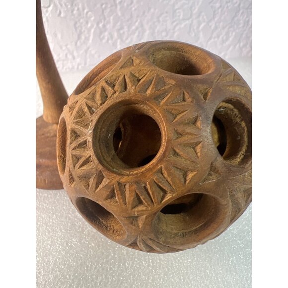 Vtg Hand-Carved Natural Wooden Puzzle Ball on Pedestal Folk Art Decor Ball in Ba - Picture 6 of 8